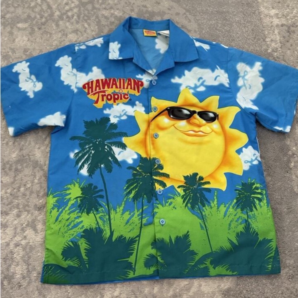 Vintage Hawaiian Tropic All Over Print Button Up Camp Shirt Beach Men’s M